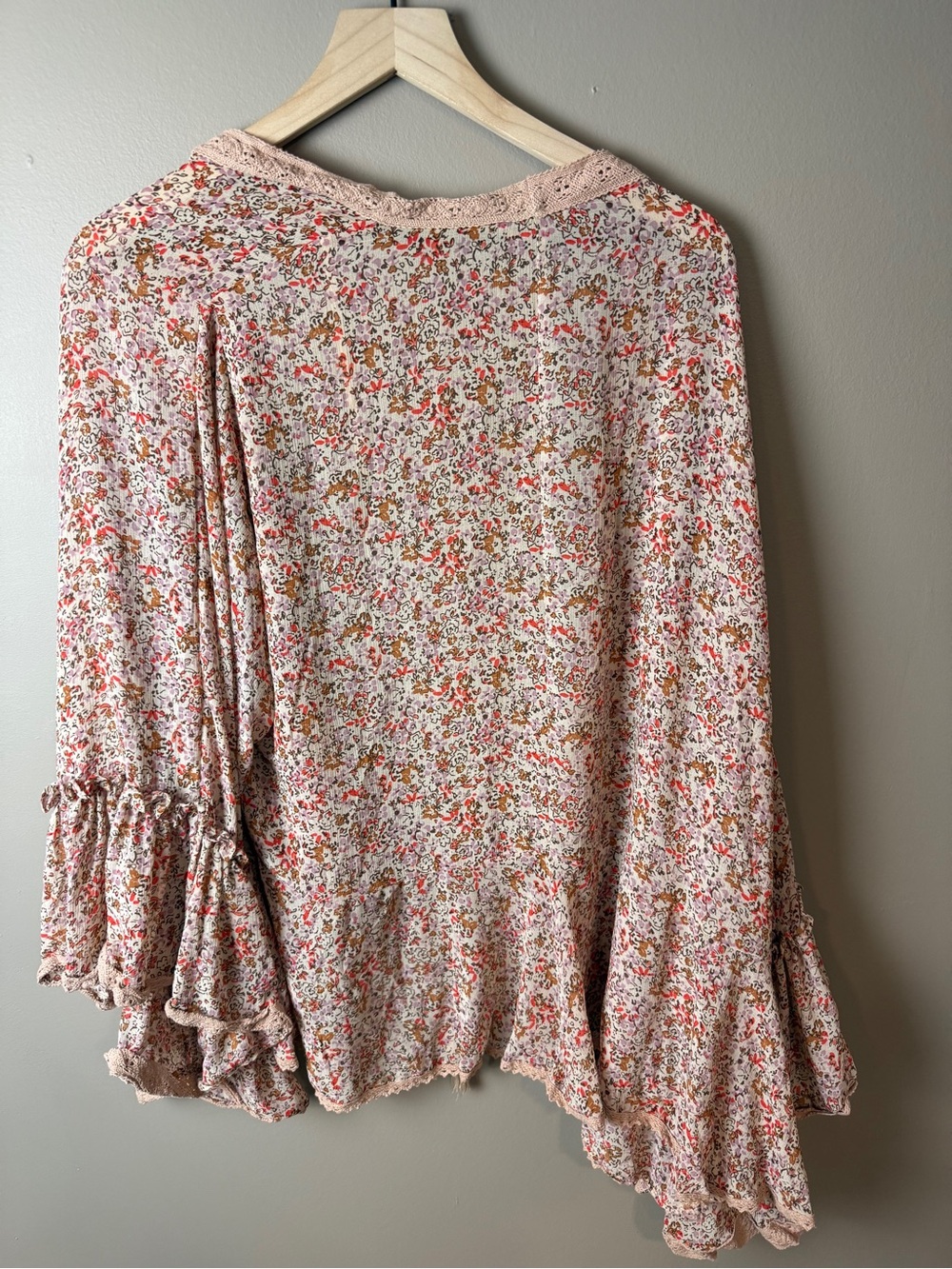 Free People Lola Floral Chiffon Kimono Cardigan Tie Front Lace Trim - Picture 6 of 7